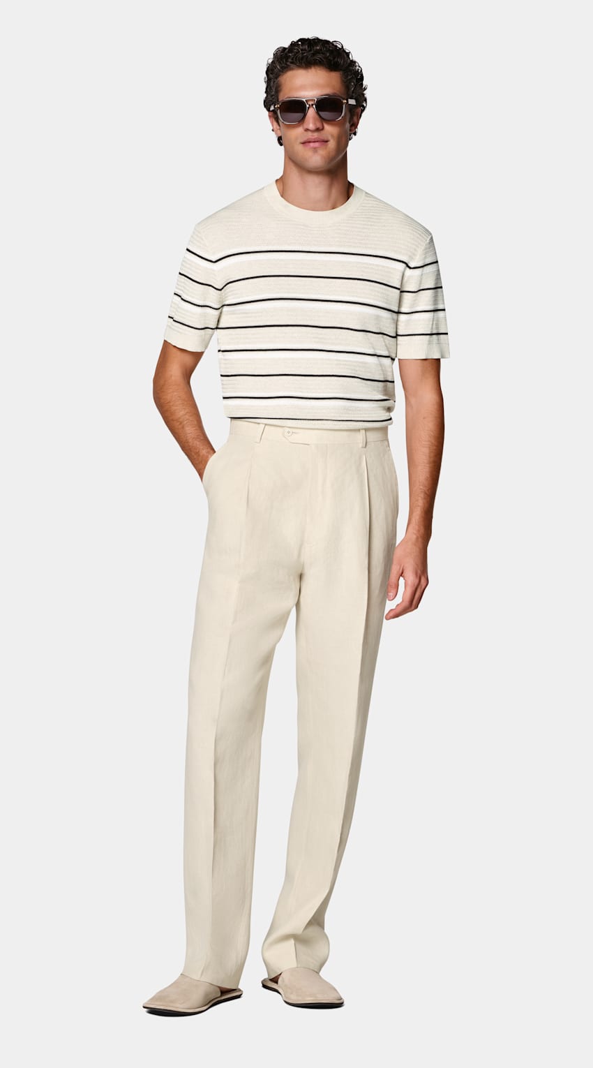 SUITSUPPLY Cotone e seta Girocollo jacquard a righe color sabbia maniche corte