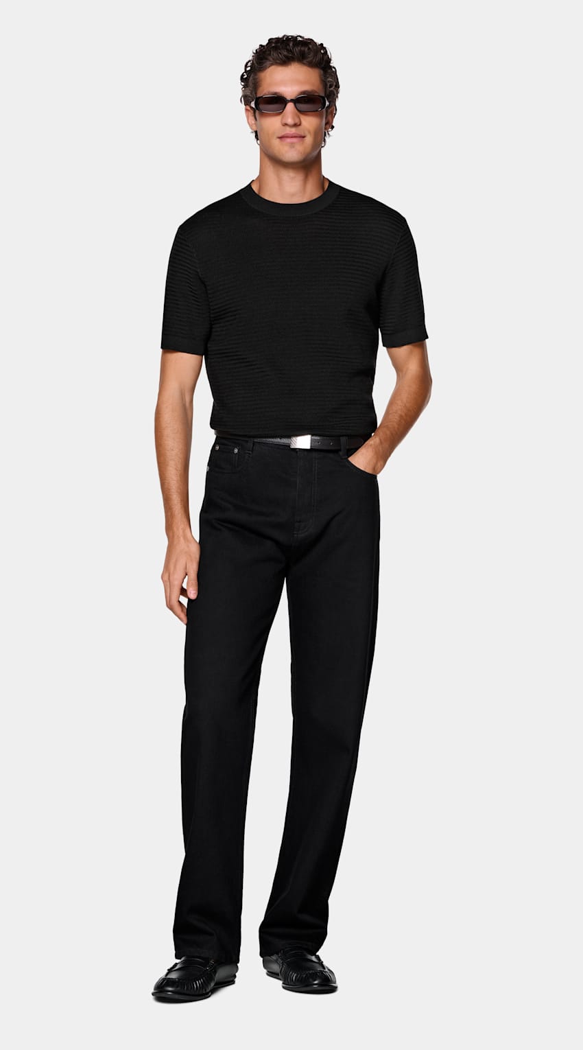 SUITSUPPLY Coton et soie Col rond en jacquard noir &agrave; manches courtes.