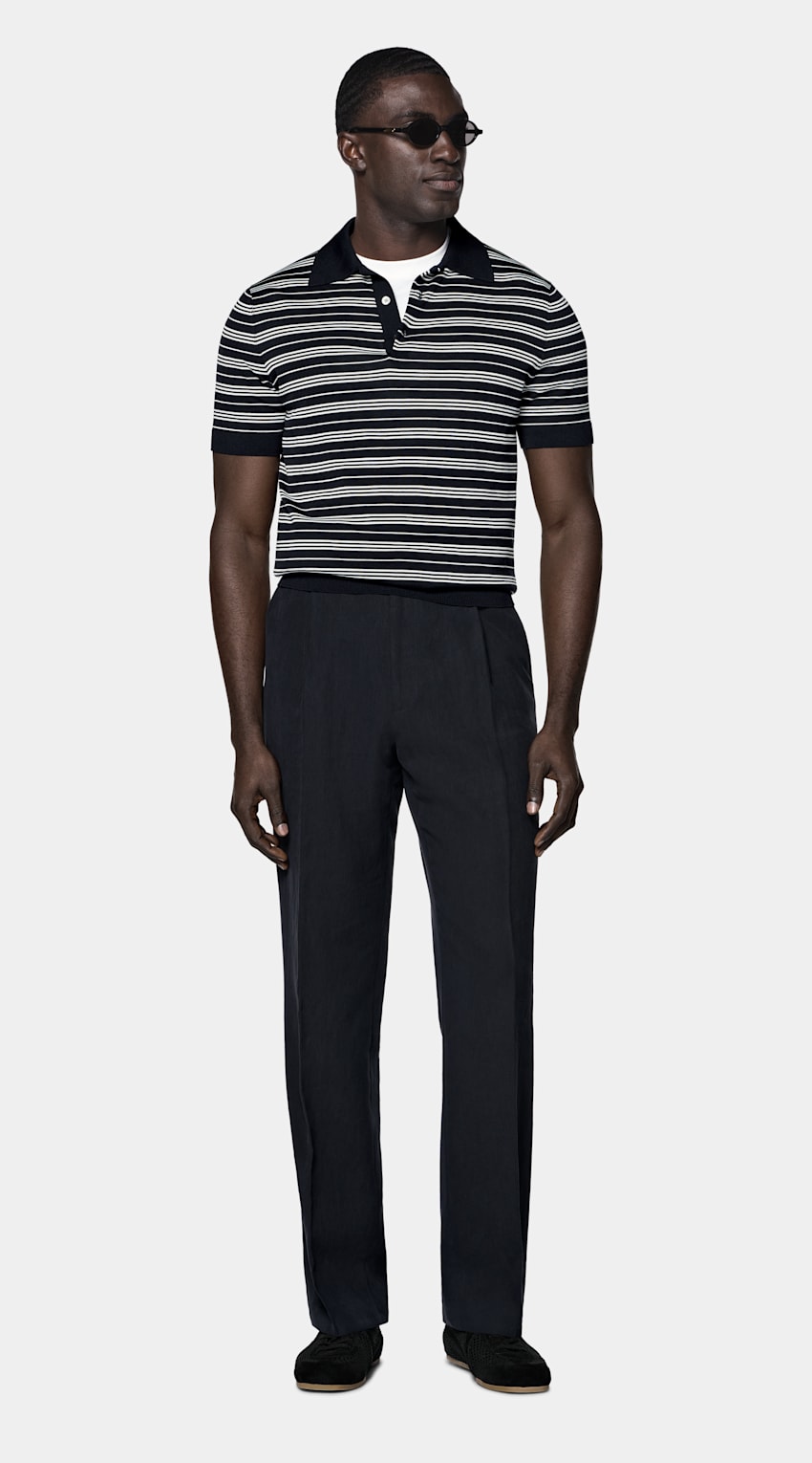 SUITSUPPLY Katoen-zijde Navy Gestreept Poloshirt