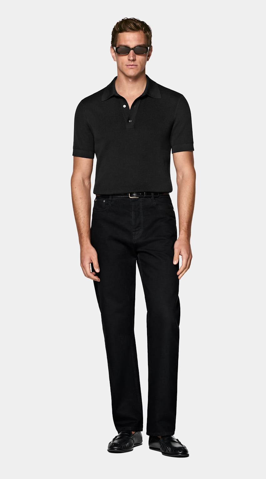 SUITSUPPLY Cotton Silk Black Ribbed Polo