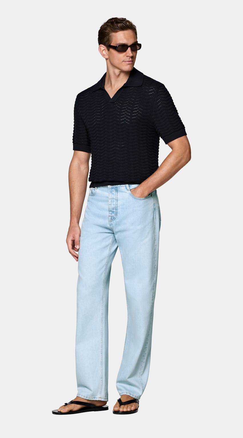 SUITSUPPLY Katoen-zijde Navy Crochet Poloshirt Zonder Knopen