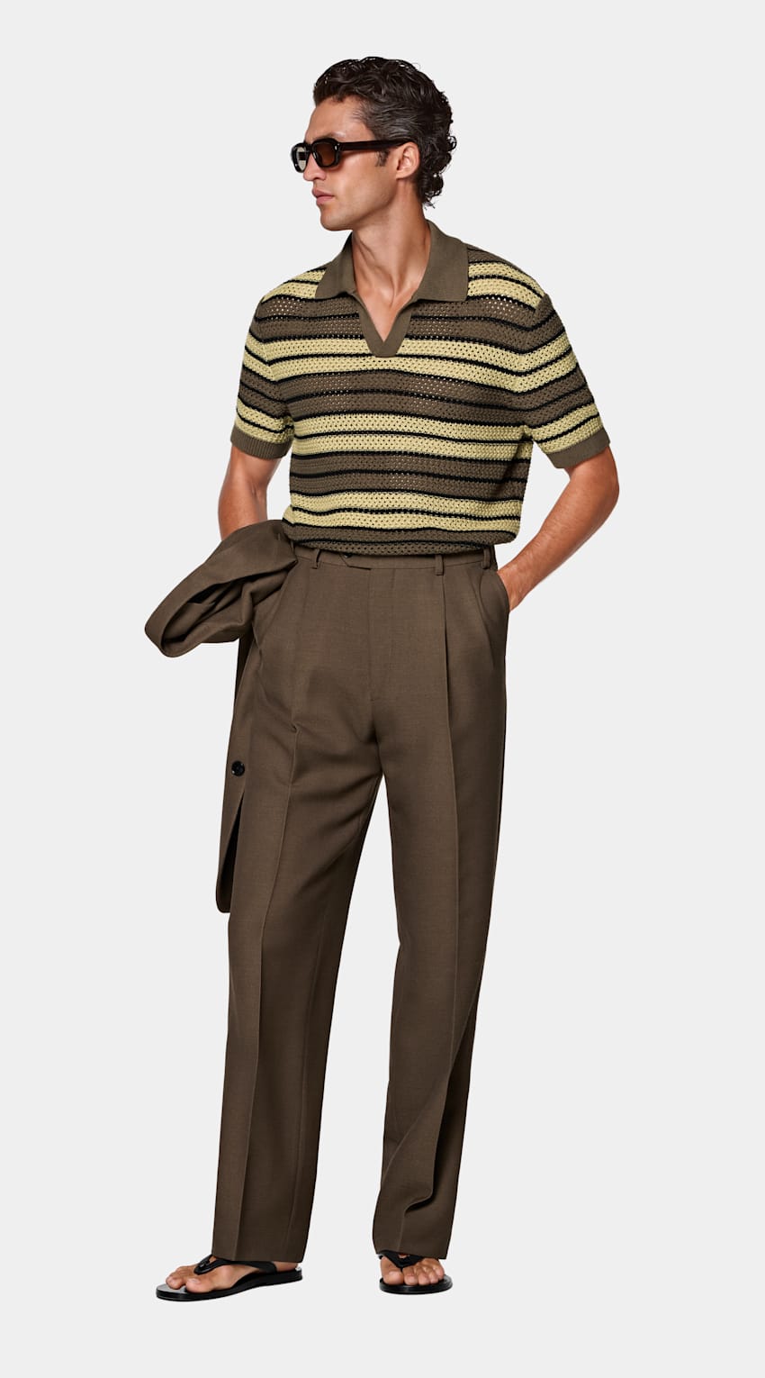 SUITSUPPLY Pure Cotton Mid Green Striped Crochet Buttonless Polo