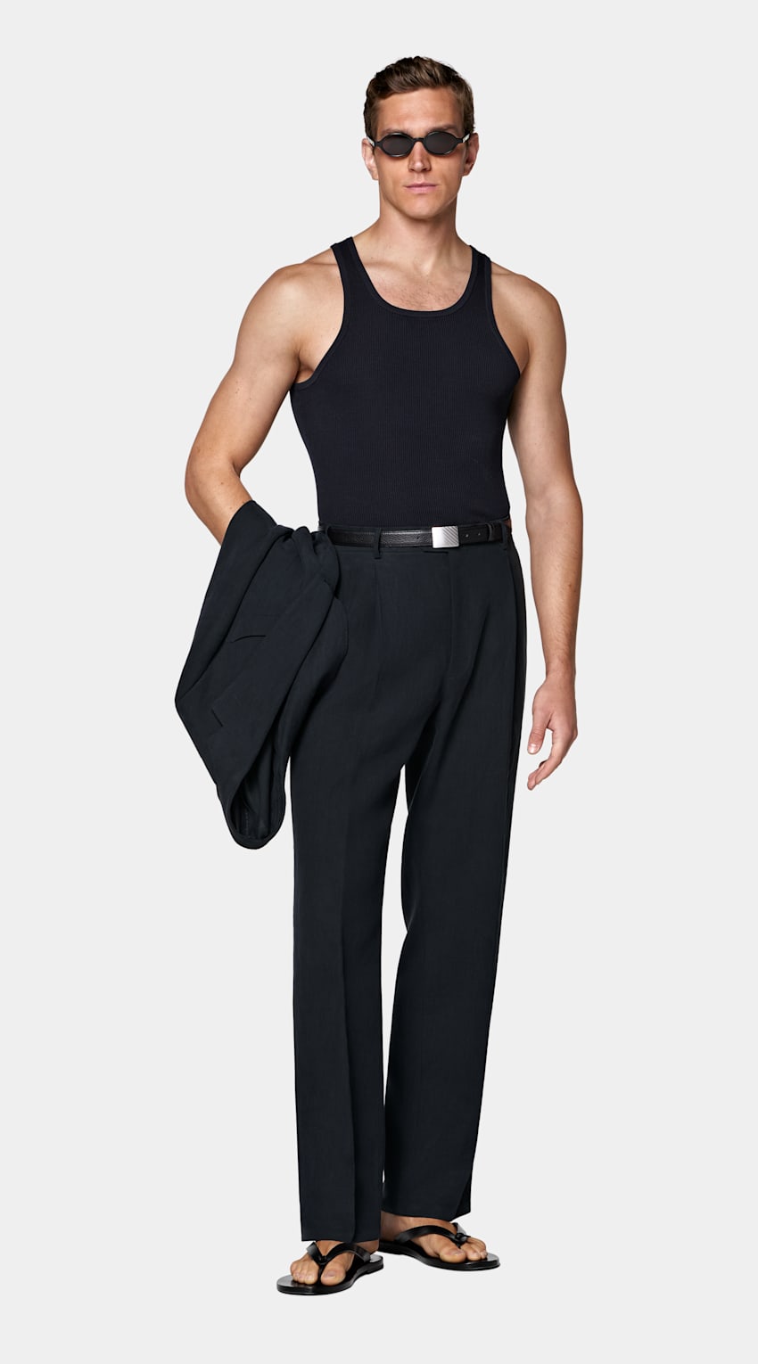 SUITSUPPLY Cotton Silk Navy Ribbed Tank Top