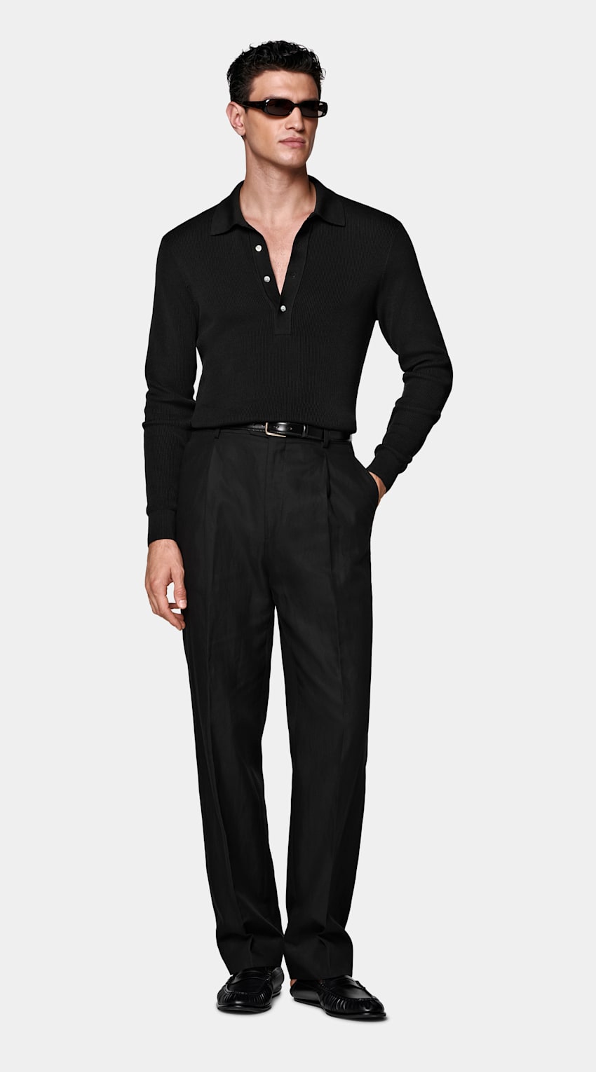 SUITSUPPLY Cotton Silk Black Ribbed Long Sleeve Polo