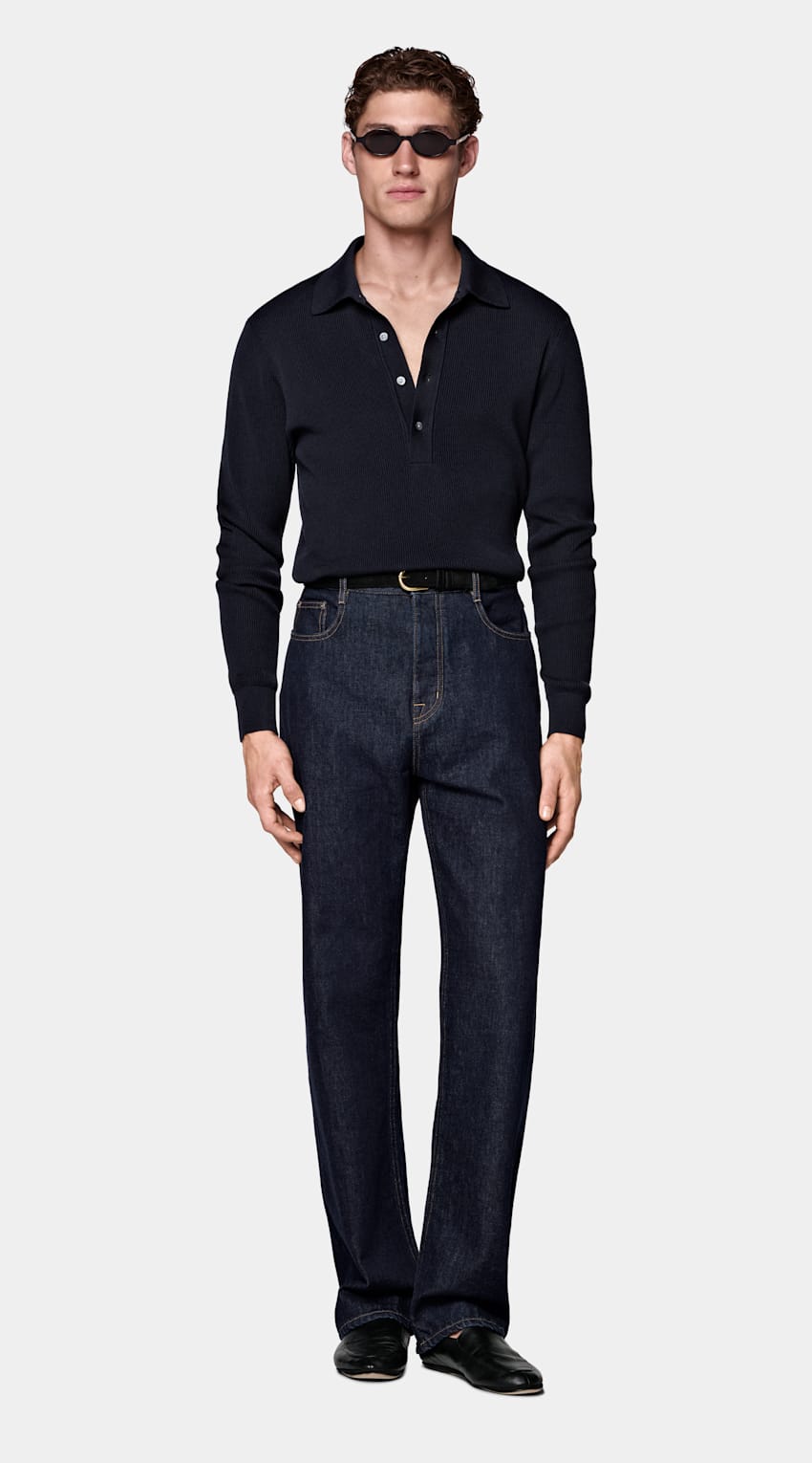 SUITSUPPLY Cotton Silk Navy Ribbed Long Sleeve Polo
