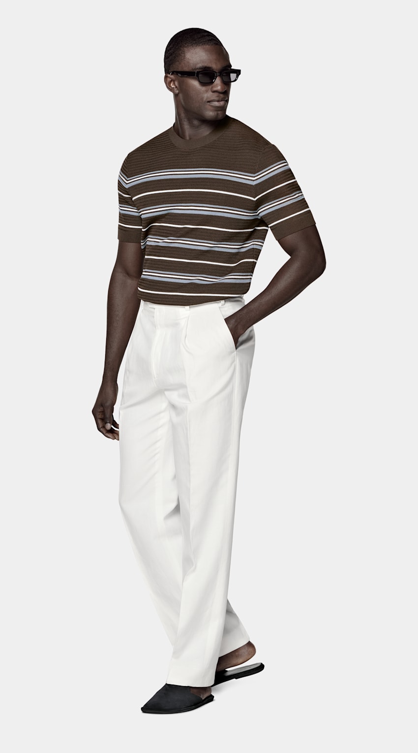 SUITSUPPLY Cotton Silk Mid Brown Striped Jacquard Short Sleeve Crewneck