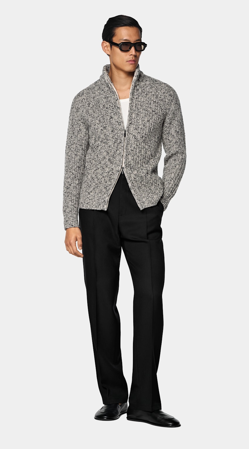 SUITSUPPLY Wool Cotton Light Brown Ribbed Moulin&eacute; Zip Cardigan