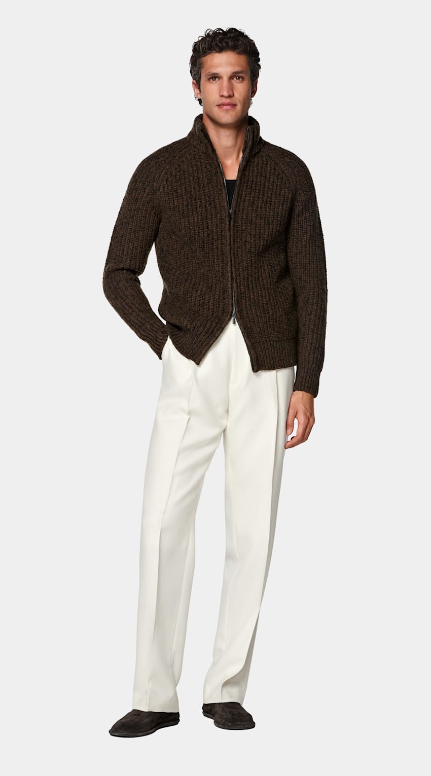 SUITSUPPLY Wool Cotton Mid Brown Ribbed Moulin&eacute; Zip Cardigan