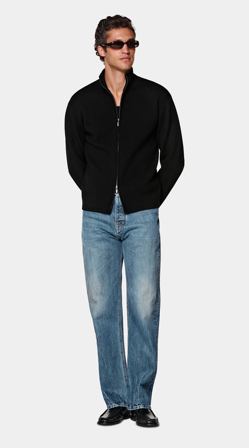 SUITSUPPLY Pure Wool Black Merino Zip Cardigan