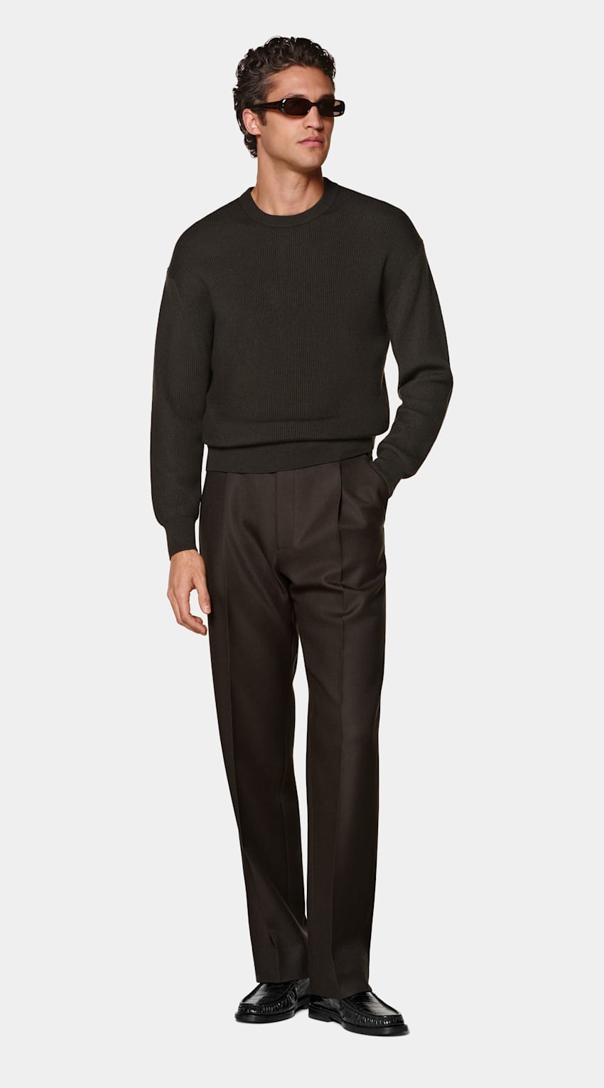 SUITSUPPLY Pure Wool Dark Brown Ribbed Merino Crewneck