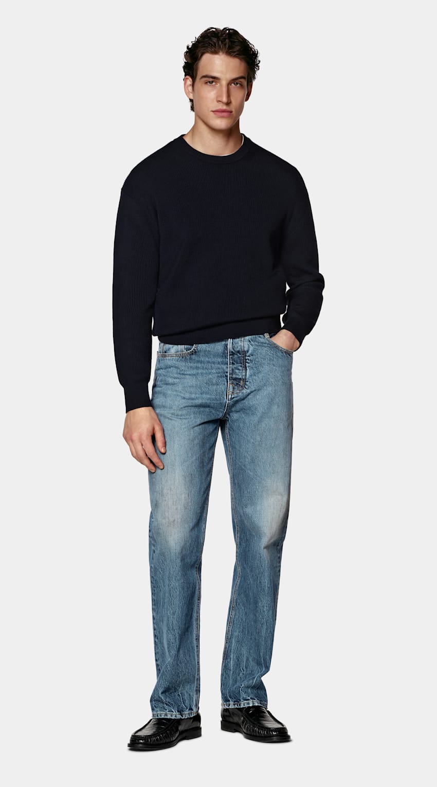 SUITSUPPLY Pure Wool Navy Ribbed Merino Crewneck