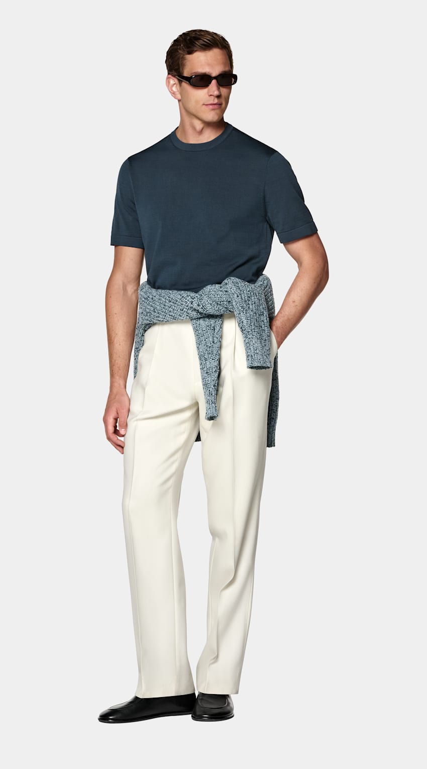 SUITSUPPLY Cotton Silk Mid Blue Short Sleeve Crewneck