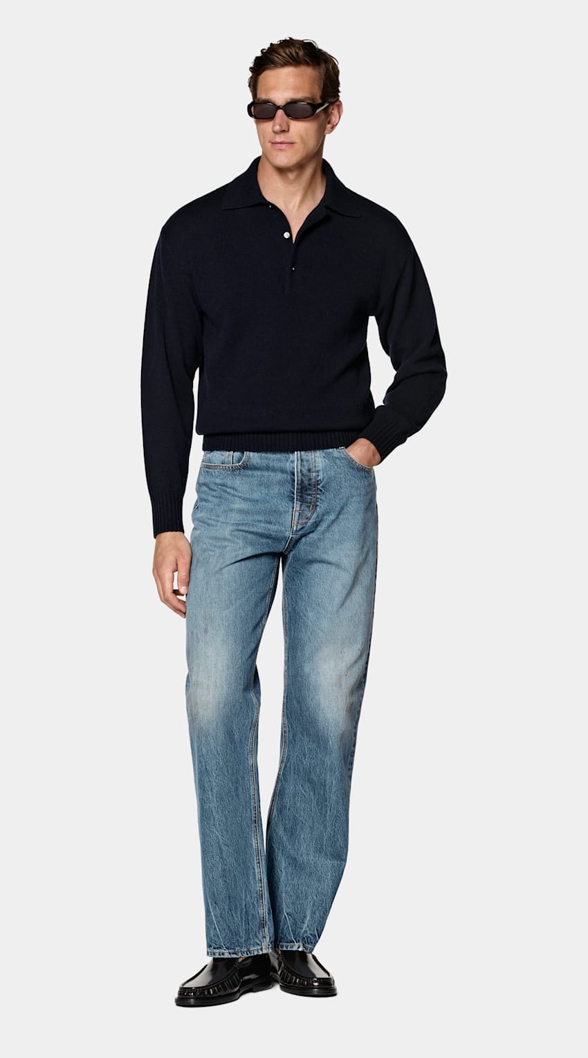 SUITSUPPLY Pure Cashmere Navy Long Sleeve Polo