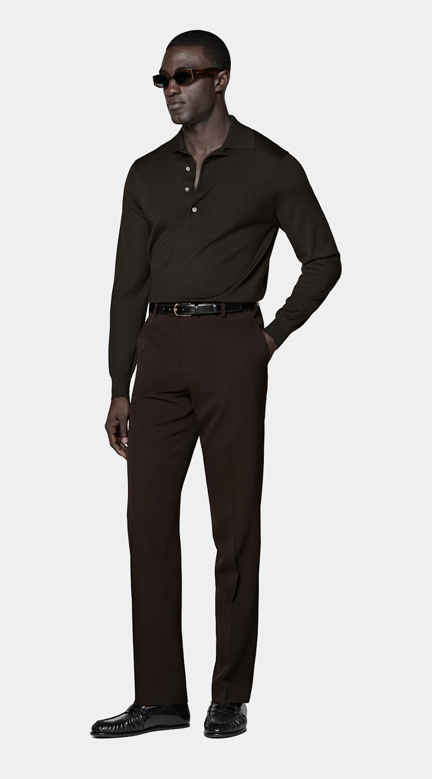 SUITSUPPLY Pure Wool Dark Brown Merino Long Sleeve Polo