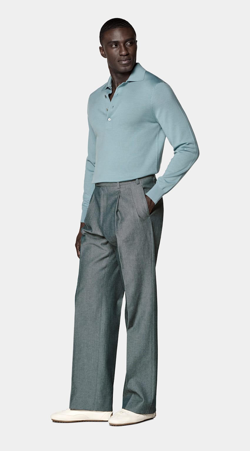 SUITSUPPLY Pure Wool Light Blue Merino Long Sleeve Polo