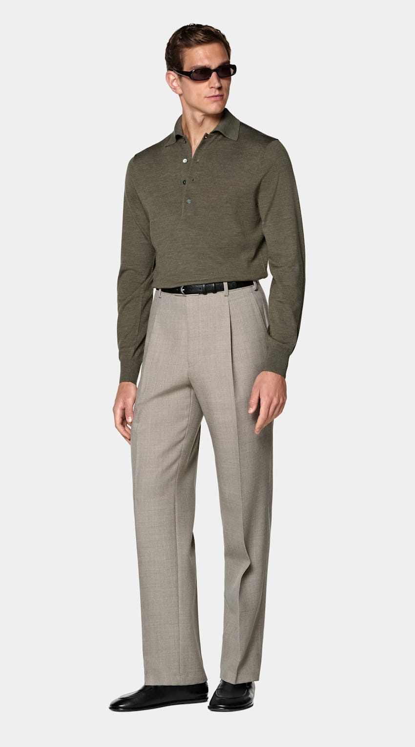 SUITSUPPLY Pure Wool Mid Green Merino Long Sleeve Polo