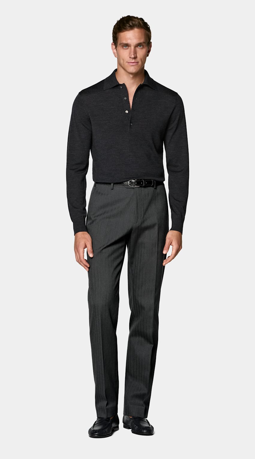 SUITSUPPLY Reine Schurwolle Merino Poloshirt Langarm dunkelgrau