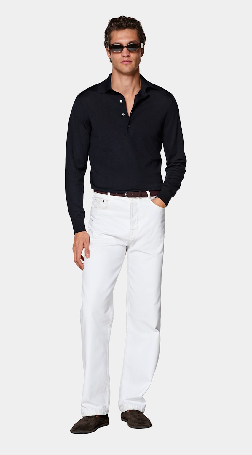 SUITSUPPLY Pure Wool Navy Merino Long Sleeve Polo