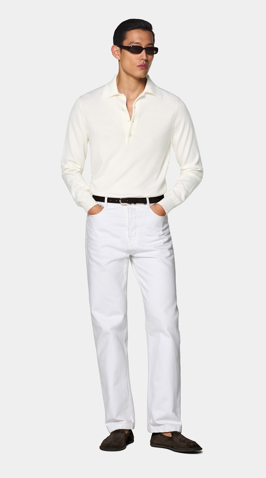 SUITSUPPLY Pure Wool Off-White Merino Long Sleeve Polo