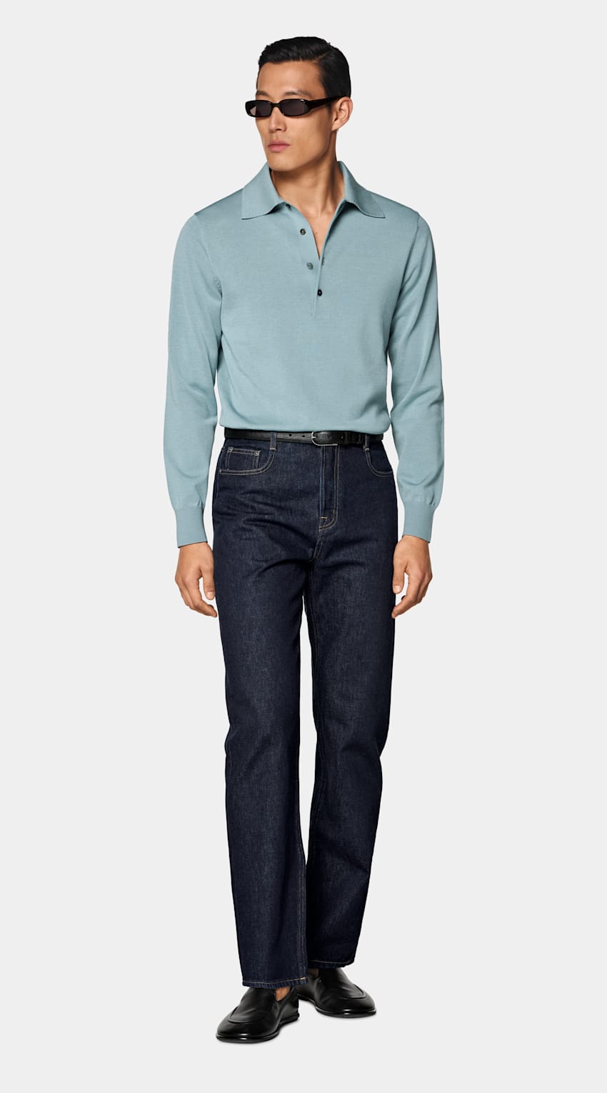 SUITSUPPLY Cotton Silk Light Blue Long Sleeve Polo