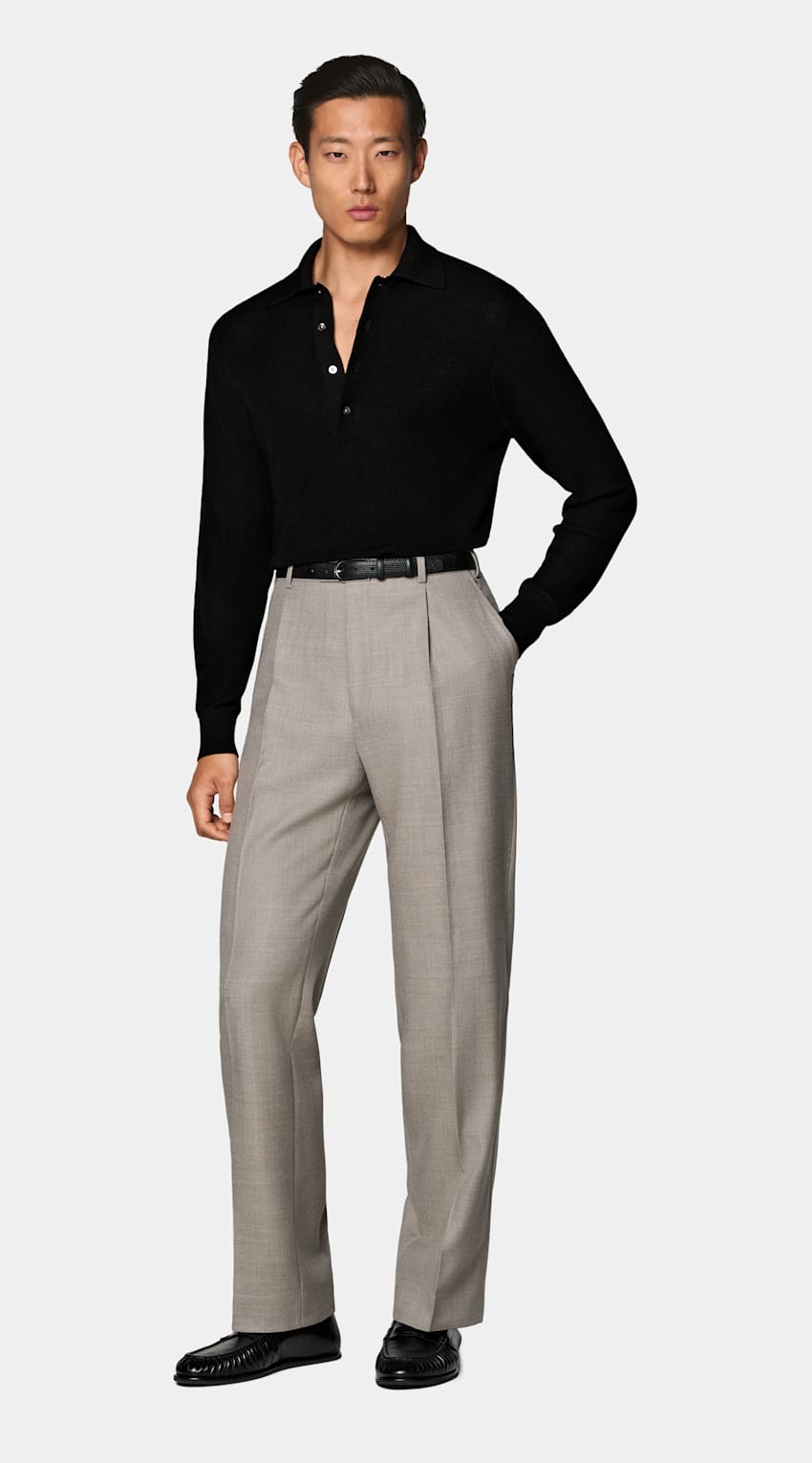 SUITSUPPLY Pure Wool Black Ribbed Merino Long Sleeve Polo