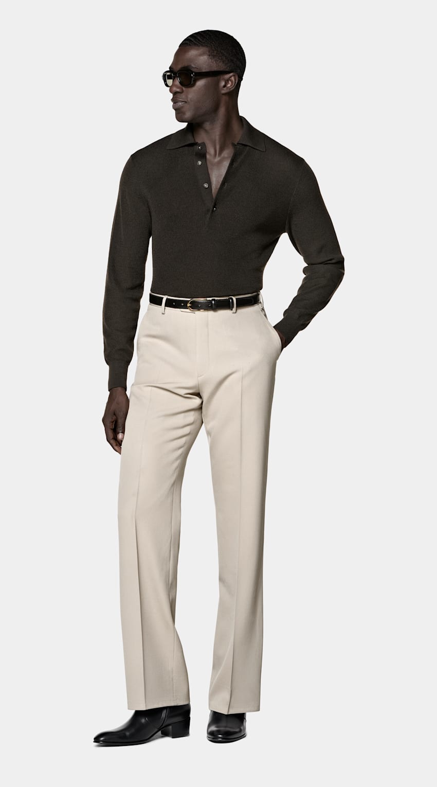 SUITSUPPLY Pura lana Polo in merino a maniche lunghe marrone scuro a coste