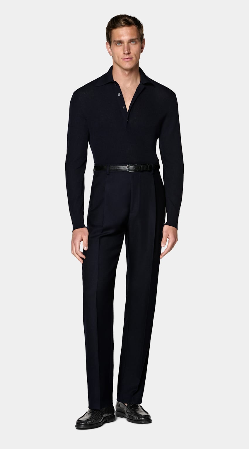 SUITSUPPLY Pure Wool Navy Ribbed Merino Long Sleeve Polo