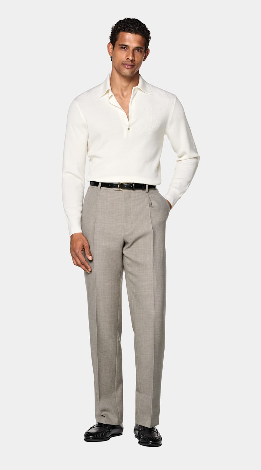 SUITSUPPLY Pure Wool Off-White Ribbed Merino Long Sleeve Polo