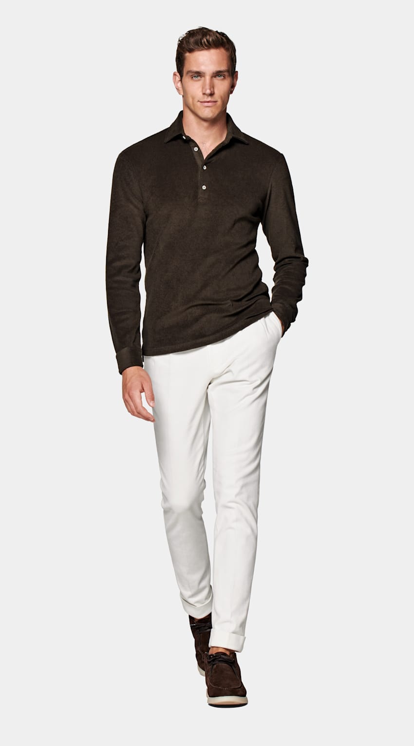 SUITSUPPLY Pure Californian Supima Cotton Dark Brown Long Sleeve Polo Shirt 