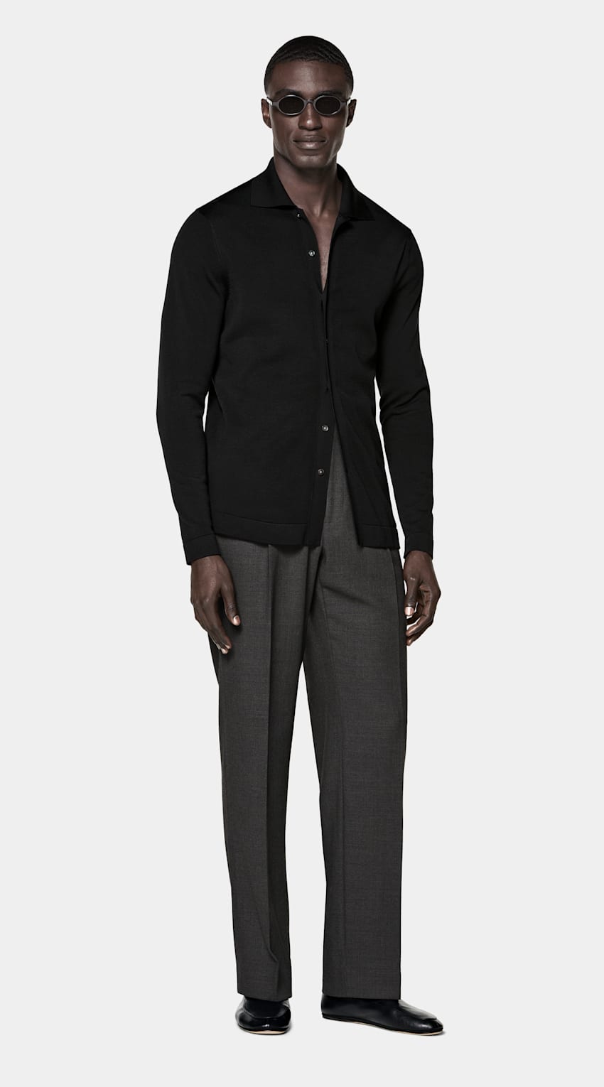 Black Long Sleeve Polo Cardigan in Californian Cotton