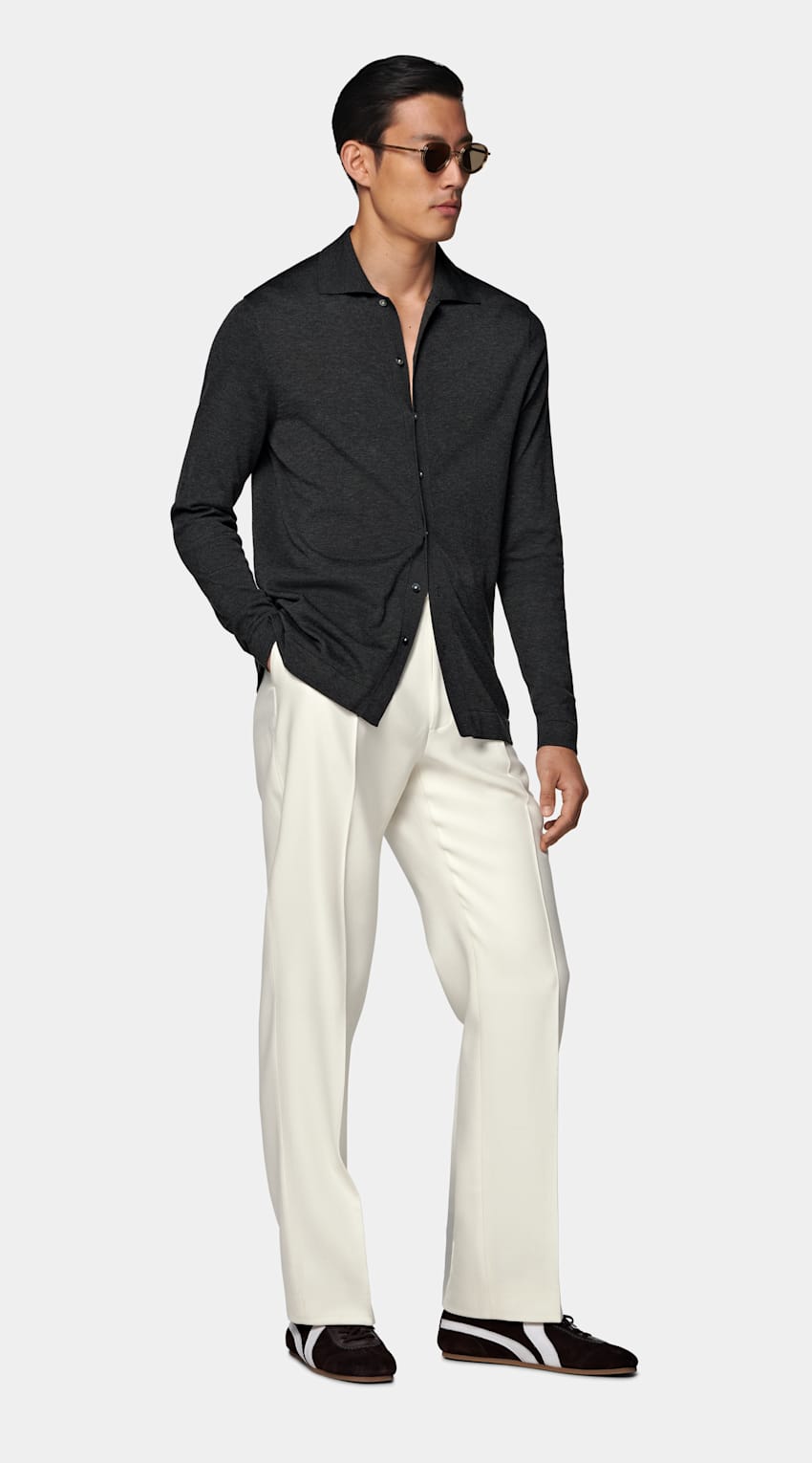 SUITSUPPLY Cotton Silk Dark Grey Long Sleeve Polo Cardigan