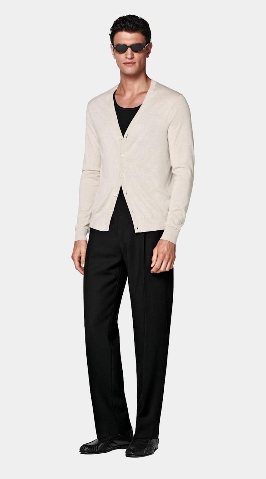 SUITSUPPLY Silk Wool Cashmere Sand V-Neck Cardigan