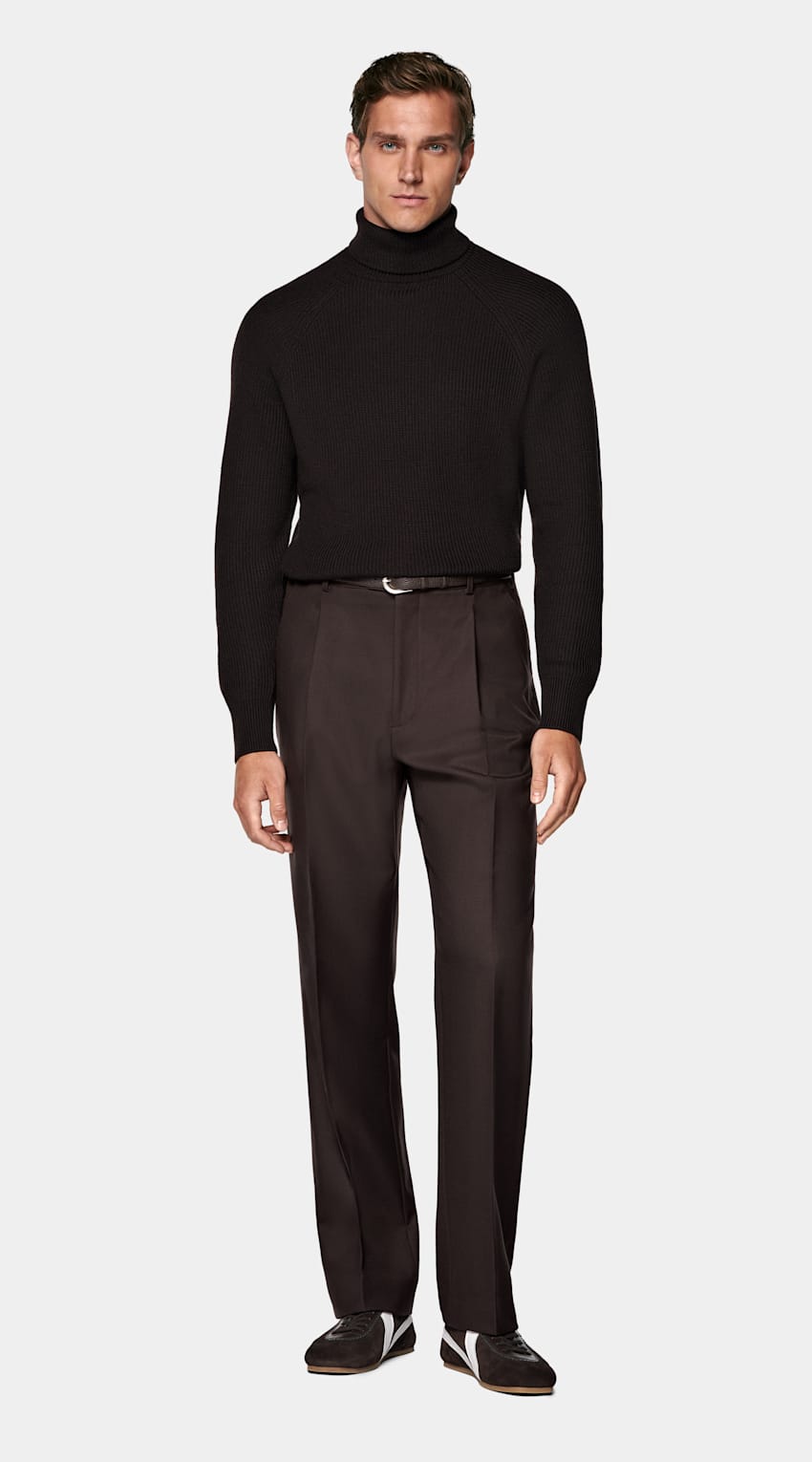 SUITSUPPLY Pura lana Jersey cuello alto marrón oscuro ribeteado