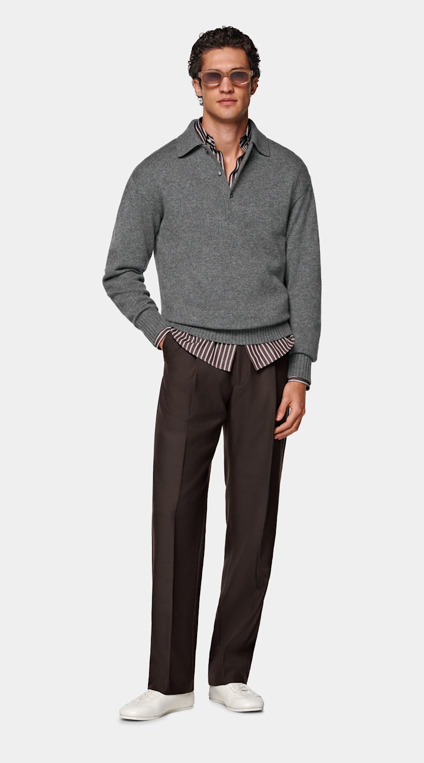 SUITSUPPLY Pure Cashmere Mid Grey Long Sleeve Polo