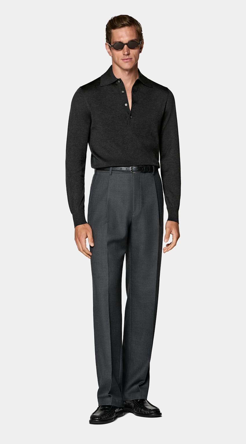 SUITSUPPLY Cotton Silk Dark Grey Long Sleeve Polo