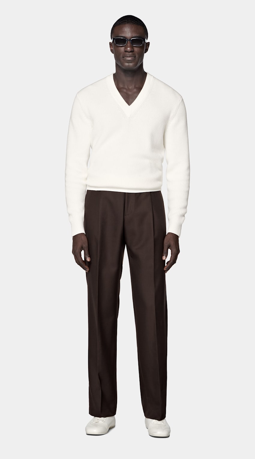 SUITSUPPLY Pure Cotton Off-White Ribbed V-Neck