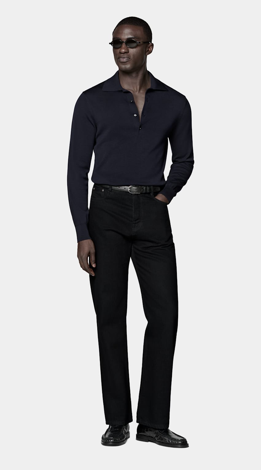SUITSUPPLY Cotton Silk Navy Long Sleeve Polo