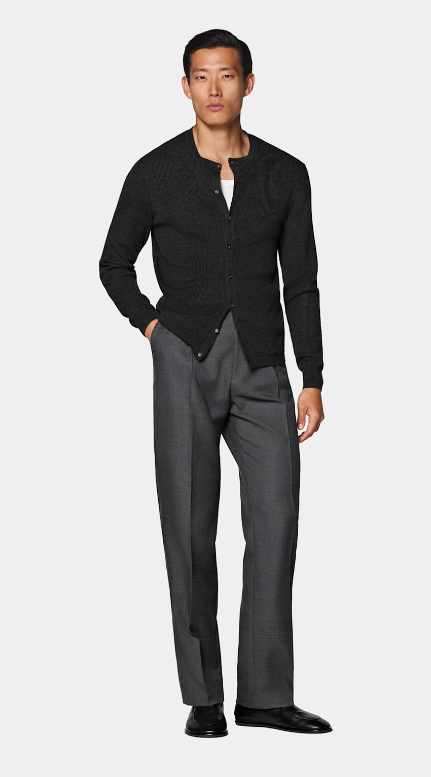 SUITSUPPLY Puur wol Donkergrijze Geribde Cardigan