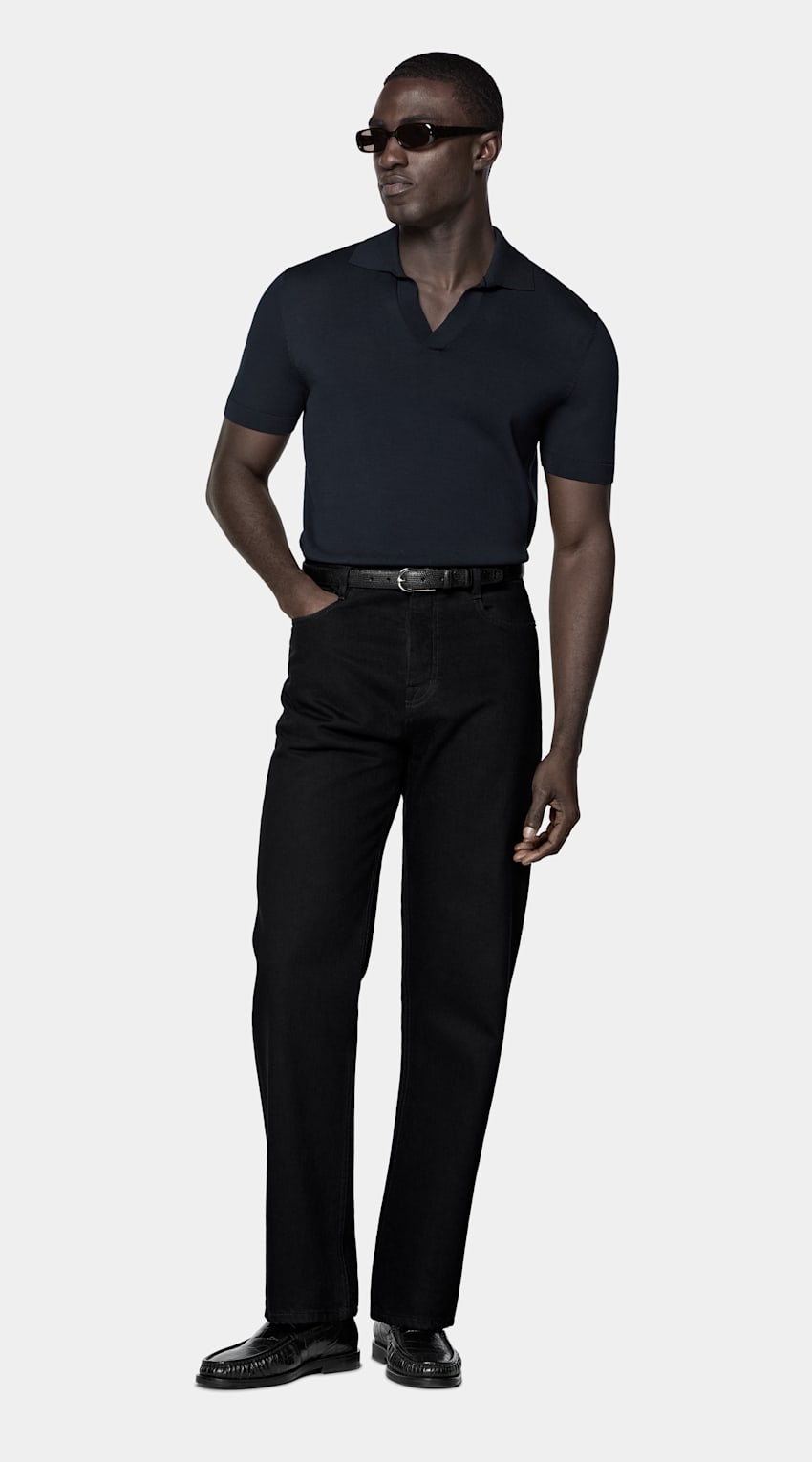 SUITSUPPLY Reine Baumwolle Knopfloses Poloshirt navy
