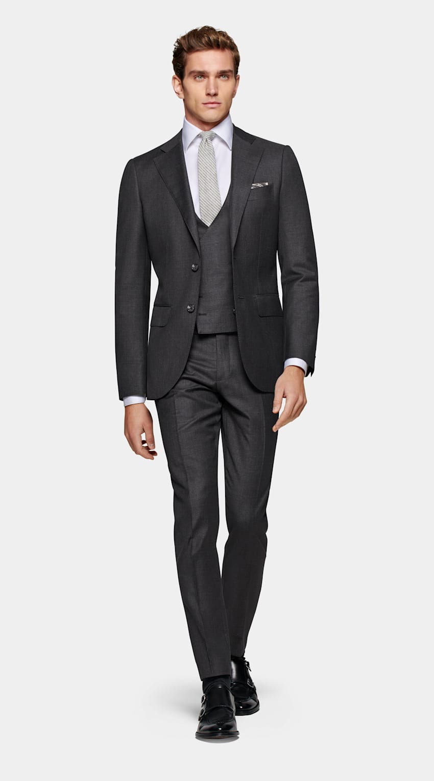 SUITSUPPLY Pure S110's Wool by Vitale Barberis Canonico, Italy  Dark Grey Tailored Fit Lazio Suit