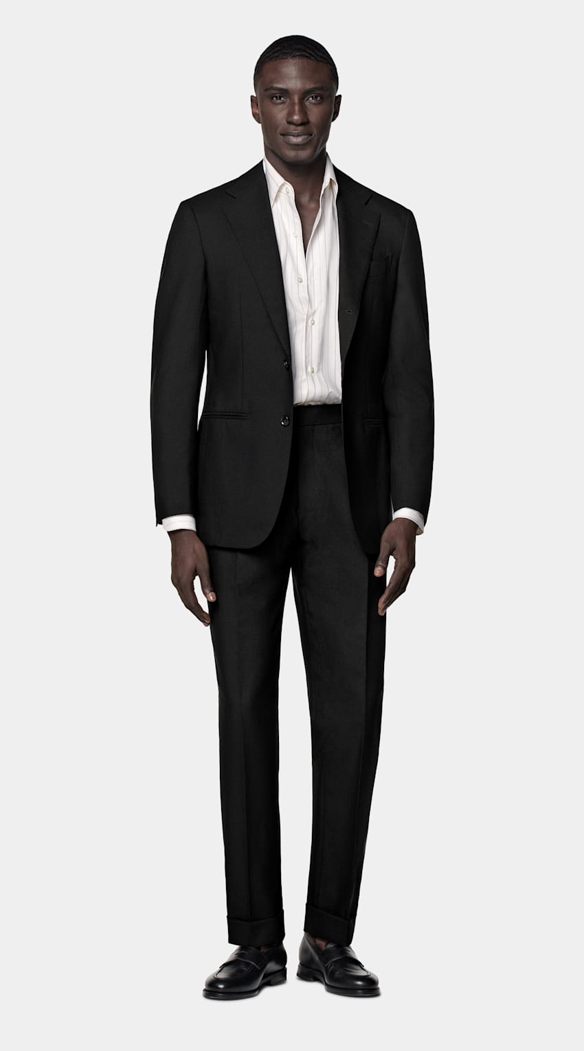 SUITSUPPLY All Season Pure 4-Ply Traveller Wool by Rogna, Italy Black Tailored Fit Havana Suit