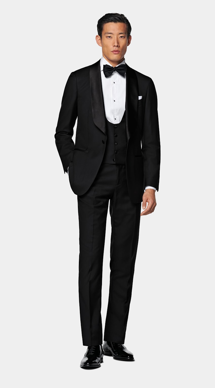 SUITSUPPLY All Season Pure S110's Wool by Vitale Barberis Canonico, Italy Black Three-Piece Tailored Fit Havana Tuxedo