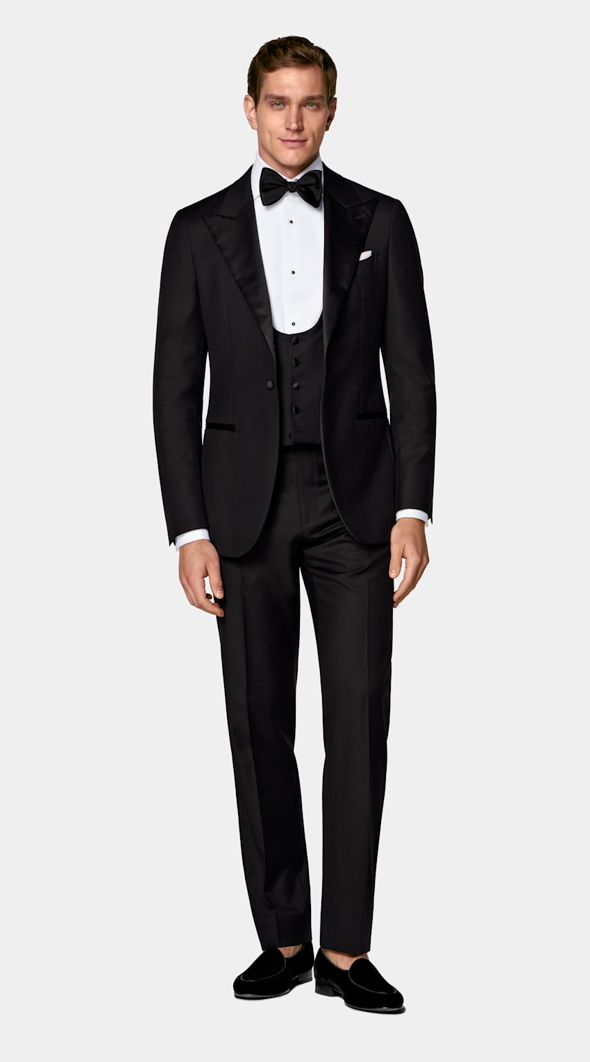 SUITSUPPLY All Season Pure S110's Wool by Vitale Barberis Canonico, Italy Black Three-Piece Tailored Fit Havana Tuxedo
