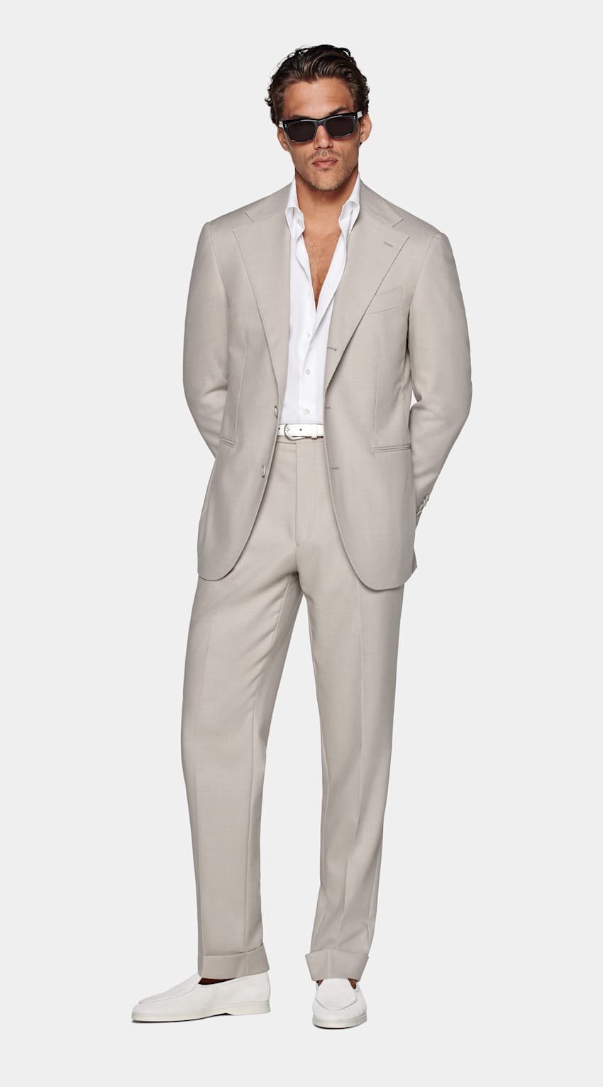 SUITSUPPLY All Season Wrinkle-Free 4-Ply Wool by Rogna, Italy Light Taupe Relaxed Fit Roma Suit