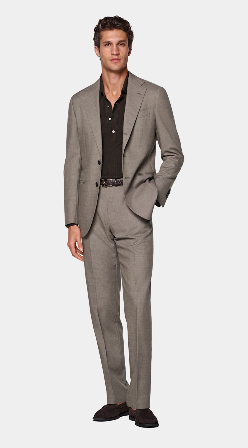 SUITSUPPLY All Season Wrinkle-Free 4-Ply Wool by Rogna, Italy Taupe Tailored Fit Havana Suit