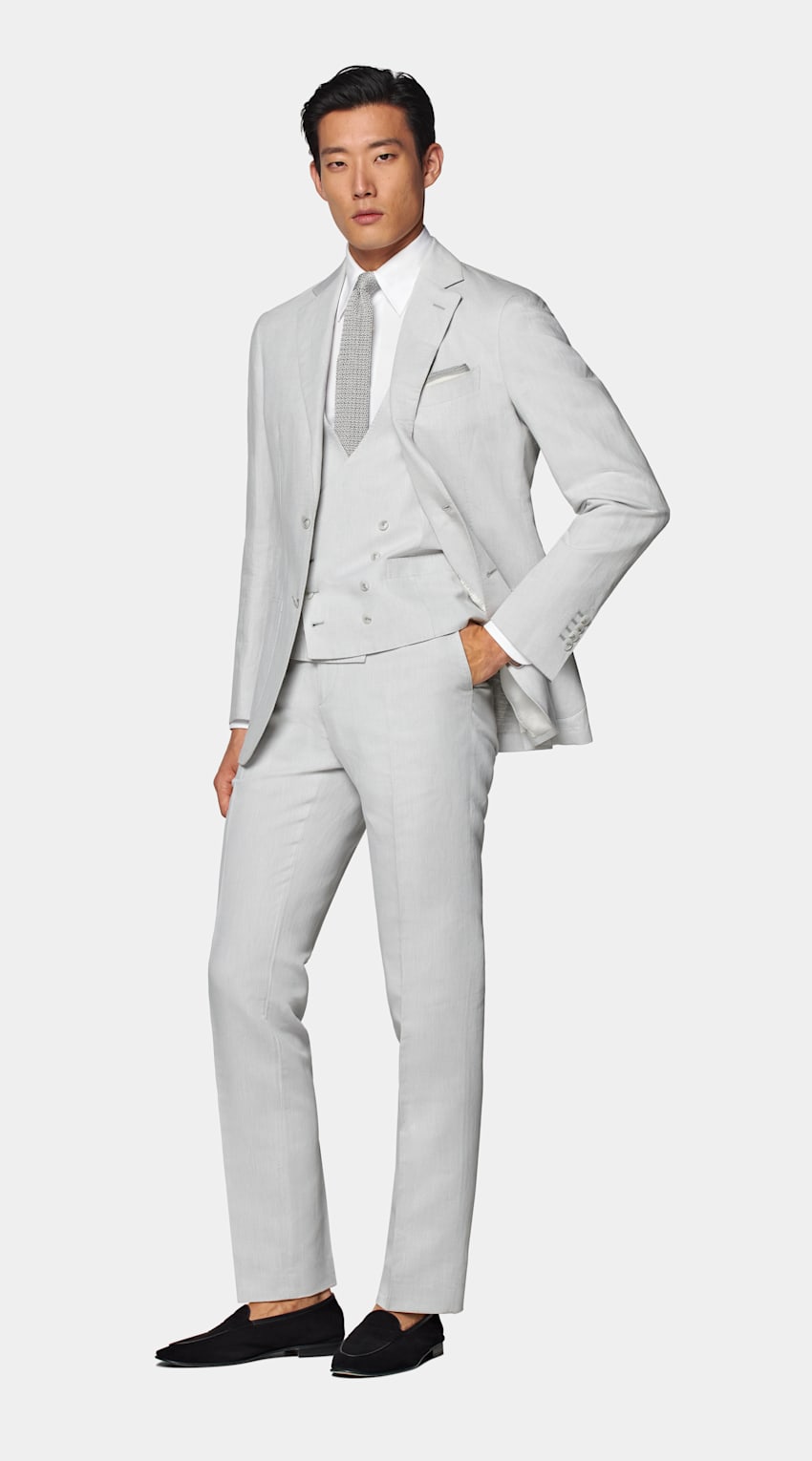 SUITSUPPLY Linen Cotton by Di Sondrio, Italy  Light Grey Three-Piece Tailored Fit Havana Suit