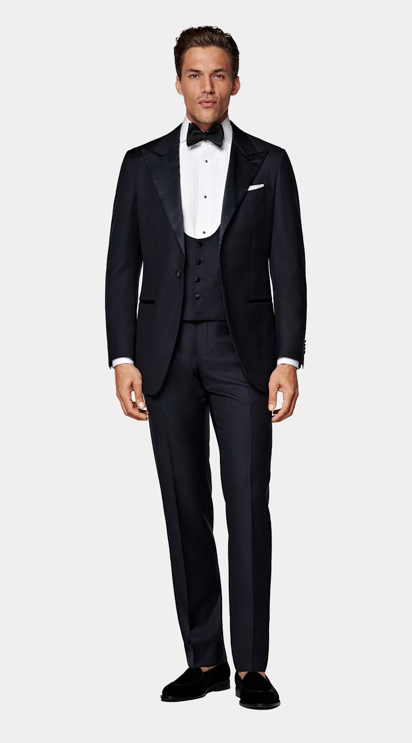 SUITSUPPLY All Season Pure S110's Wool by Vitale Barberis Canonico, Italy Navy Three-Piece Tailored Fit Havana Tuxedo