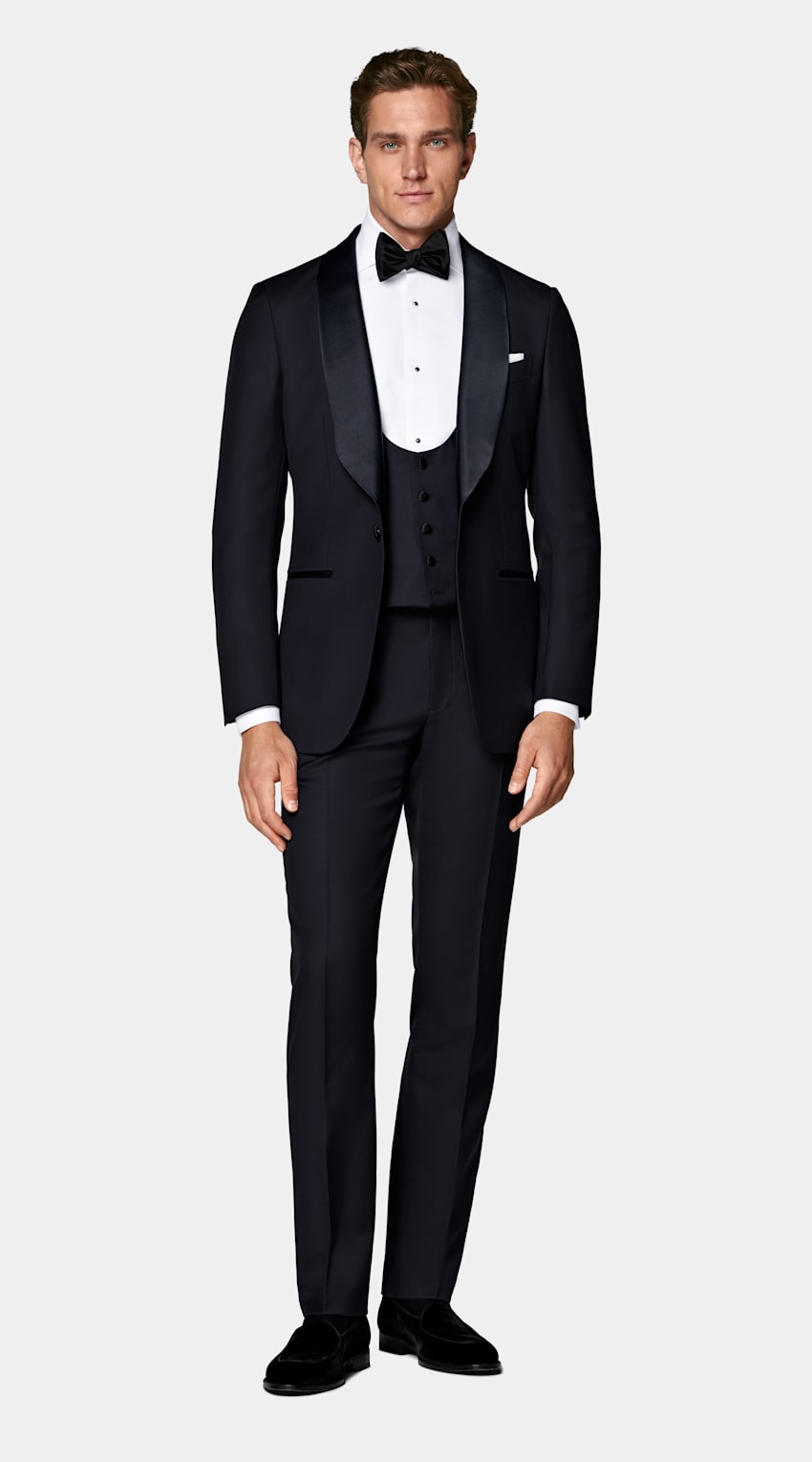SUITSUPPLY All Season Pure S110's Wool by Vitale Barberis Canonico, Italy Navy Three-Piece Tailored Fit Havana Tuxedo