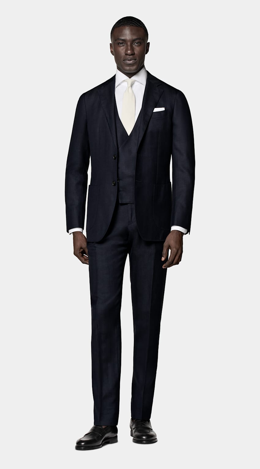 SUITSUPPLY Wool Silk Linen by Rogna, Italy  Navy Three-Piece Tailored Fit Havana Suit