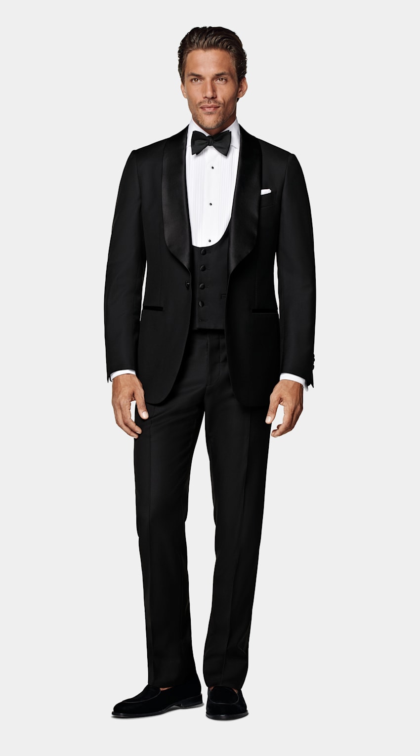 SUITSUPPLY All Season Pure S110's Wool by Vitale Barberis Canonico, Italy Black Three-Piece Tailored Fit Havana Tuxedo
